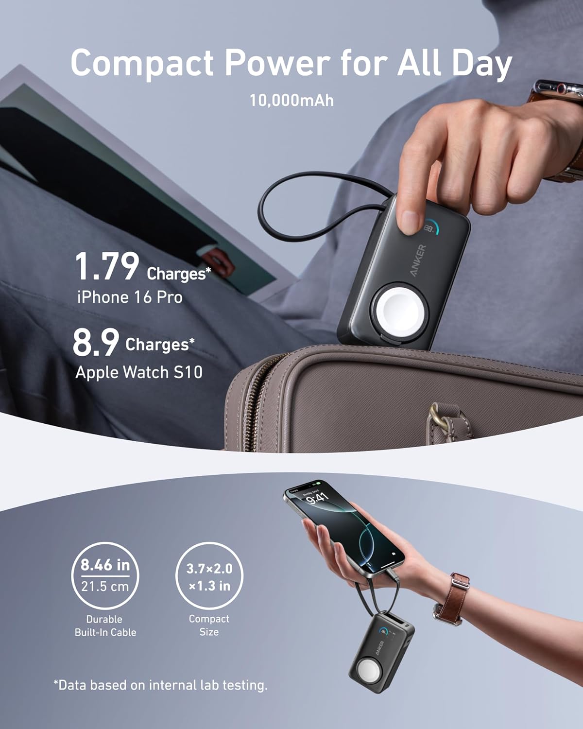 Anker MagGo External Battery, 10000mAh, 35W, PD + QI, 1 x QI - 2 x USB-C, Black A1657011