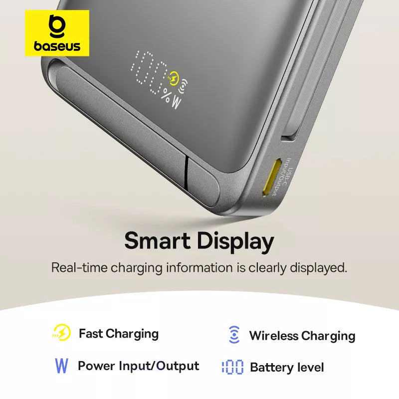 Externer Wireless-Akku Baseus Nomos Kickstand, 10000mAh, 45W, PD + QI, 1 x QI - 1 x USB-C, Schwarz P10078800843-00