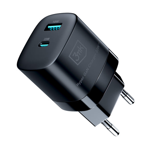 Netzwerk-Ladegerät 3MK HyperCharger GaN, 33W, 3A, 1 x USB-A - 1 x USB-C, Schwarz 